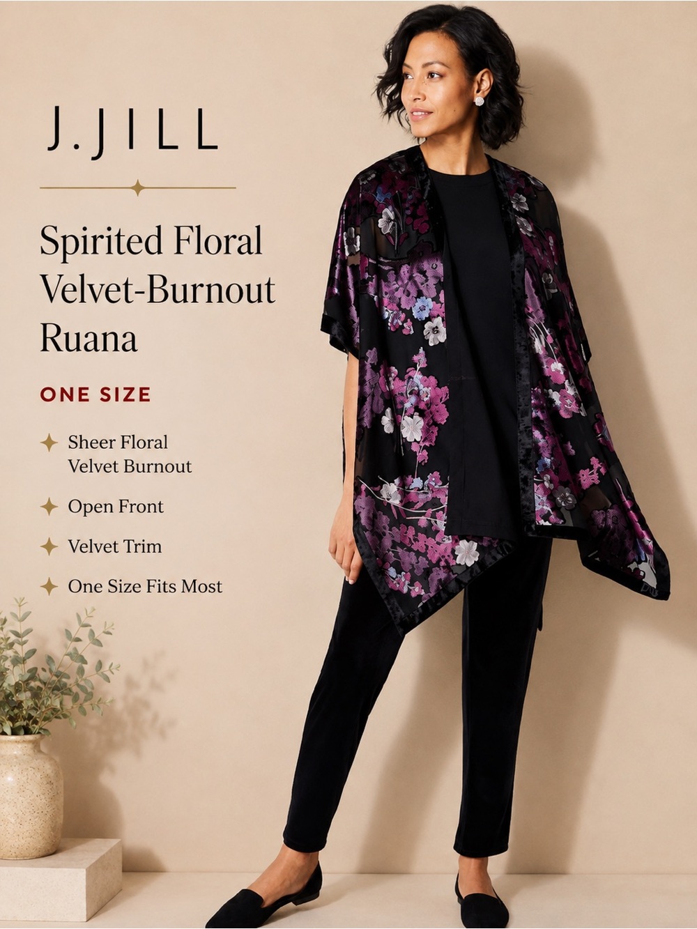 J.Jill Spirited Floral Velvet Burnout Ruana Kimono One Size
